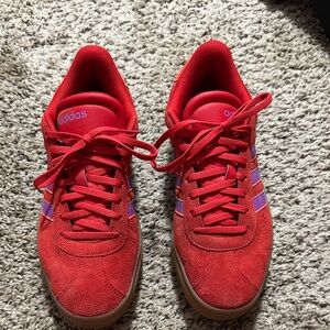 Adidas Red Sneakers with Purple Stripes